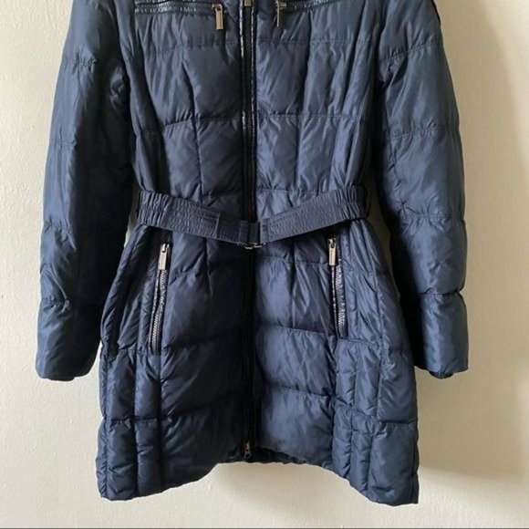 ADD DOWN Size 4 Navy Blue Puffer Belted Coat Detachable Snap Button Hood - Picture 4 of 16